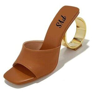 XYD Women Square Toe Slip On Heeled Mules Fashion Gold Ring Mid Heel